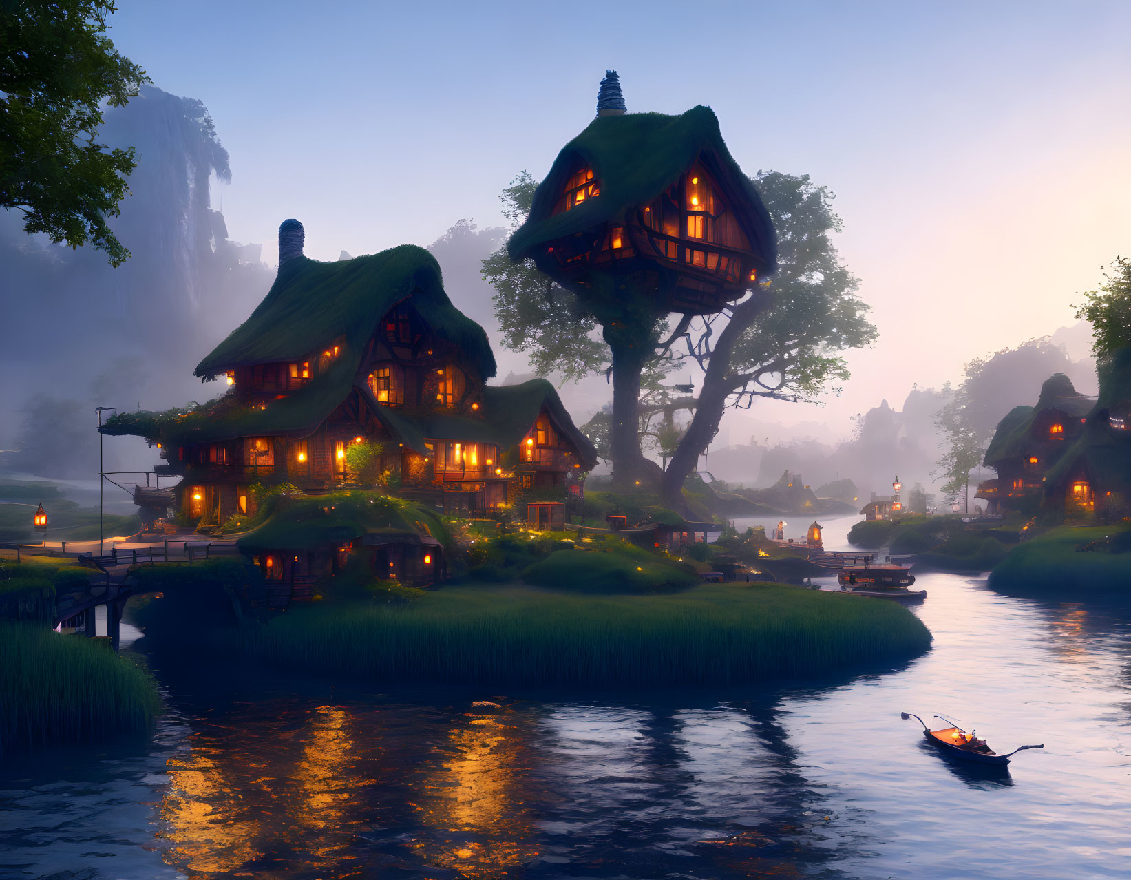 Tranquil fantasy village at twilight by serene river