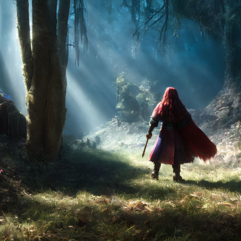 Figure in red cloak with sword in mystical forest under sunlight shafts