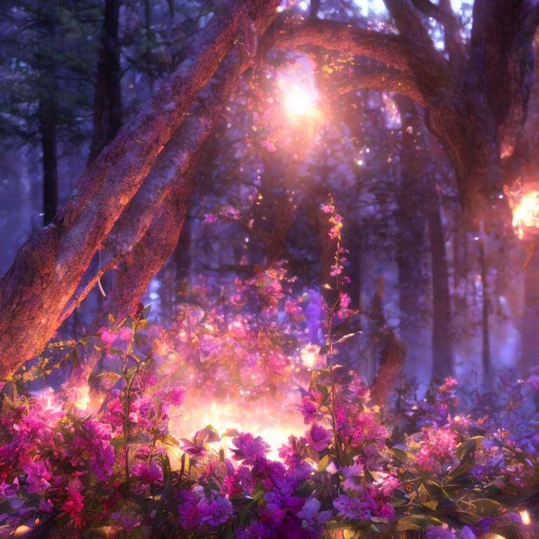 Twilight forest scene with pink and purple flowers, glowing orbs, and warm light through arched tree