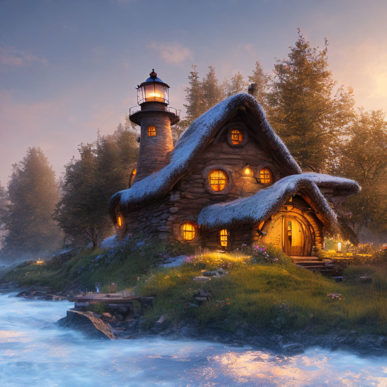 Stone cottage with lighthouse in serene forest setting at dusk