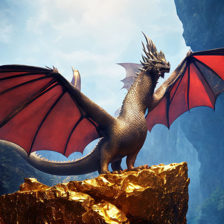 Majestic dragon perched on rocky outcrop in mountainous landscape