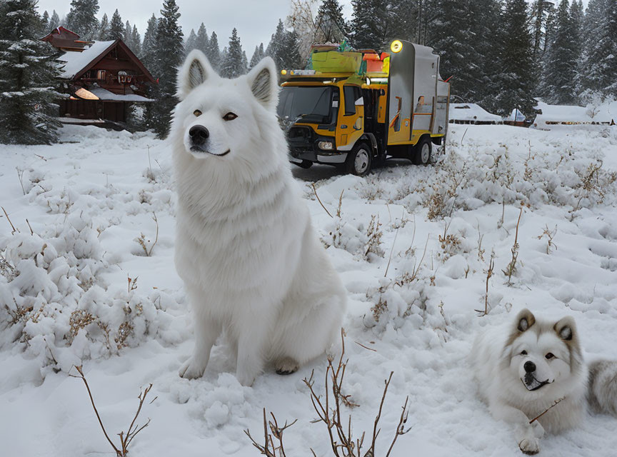 Two dogs in snowy landscape with yellow snowplow and cabin.