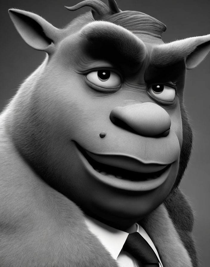 Grayscale animated ogre character in shirt and tie smiling friendly