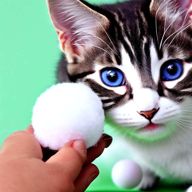 Close-Up of Kitten with Blue Eyes and Striped Fur Curiously Examining White Pom-Pom