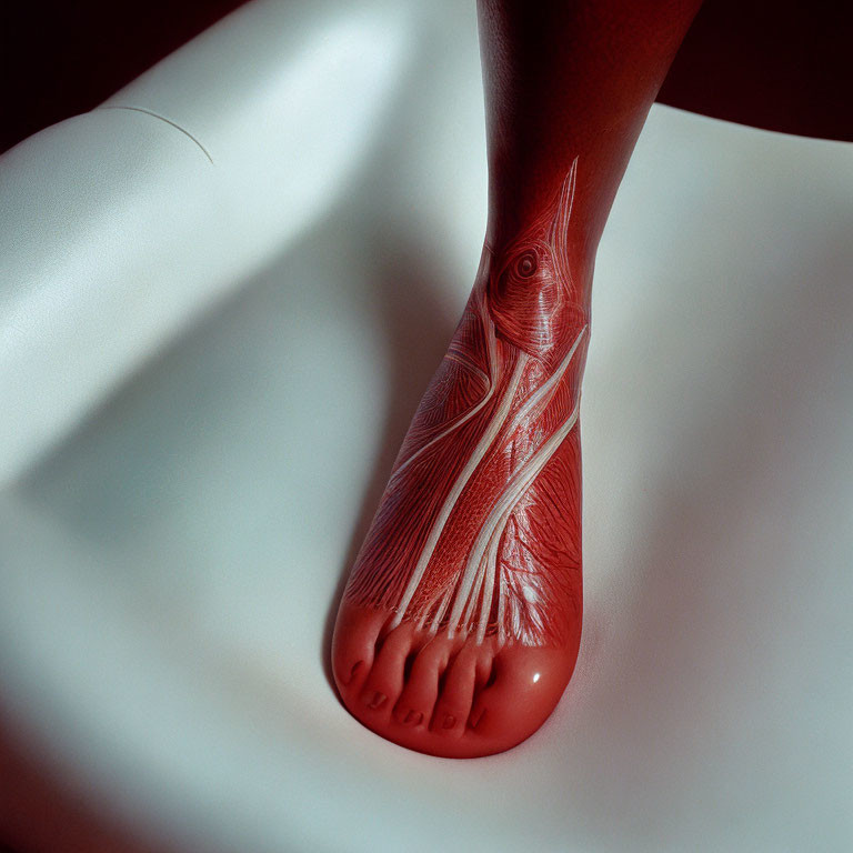 Anatomical illustration of human foot with red internal structures