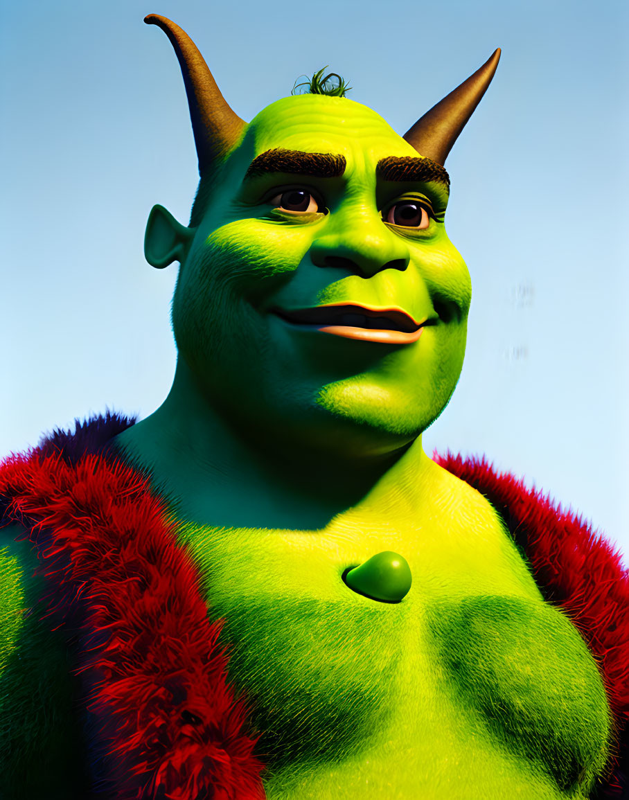 Green ogre with horns in red vest on blue background