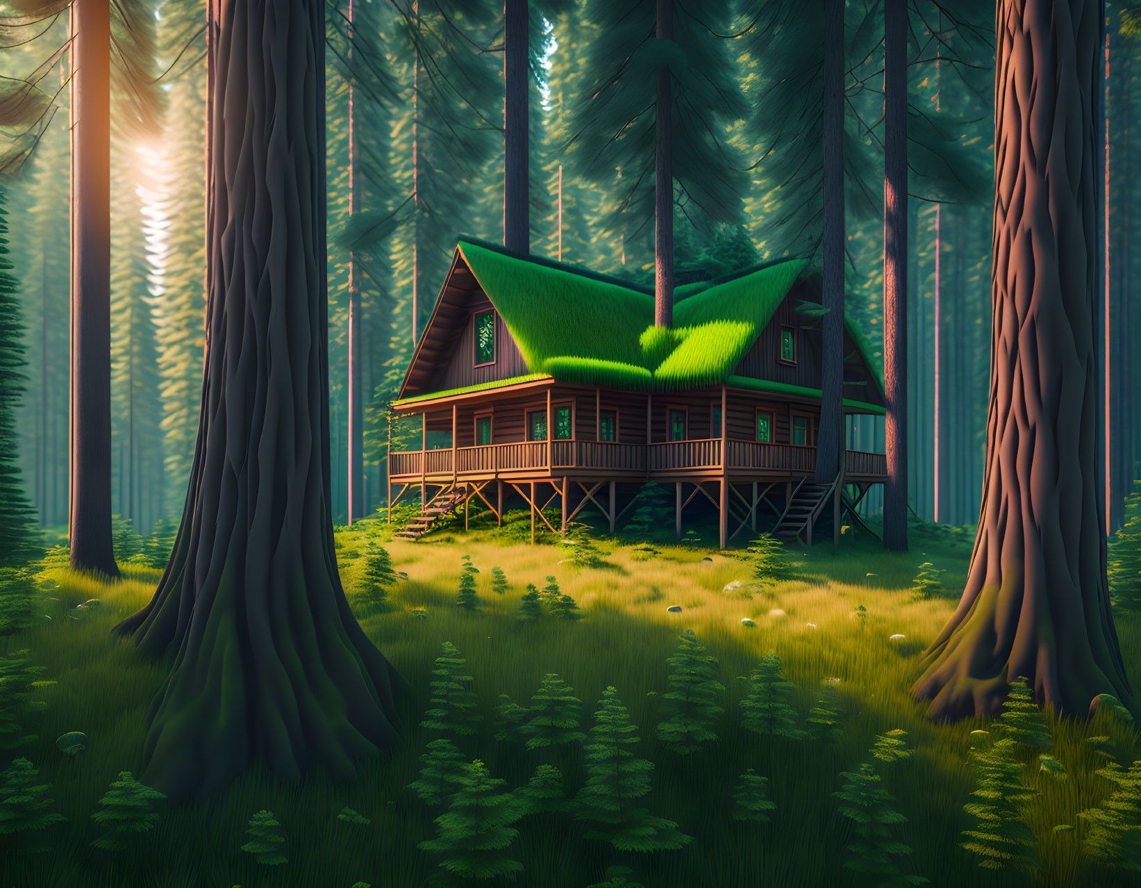 Wooden cabin with green roof in sunlit forest