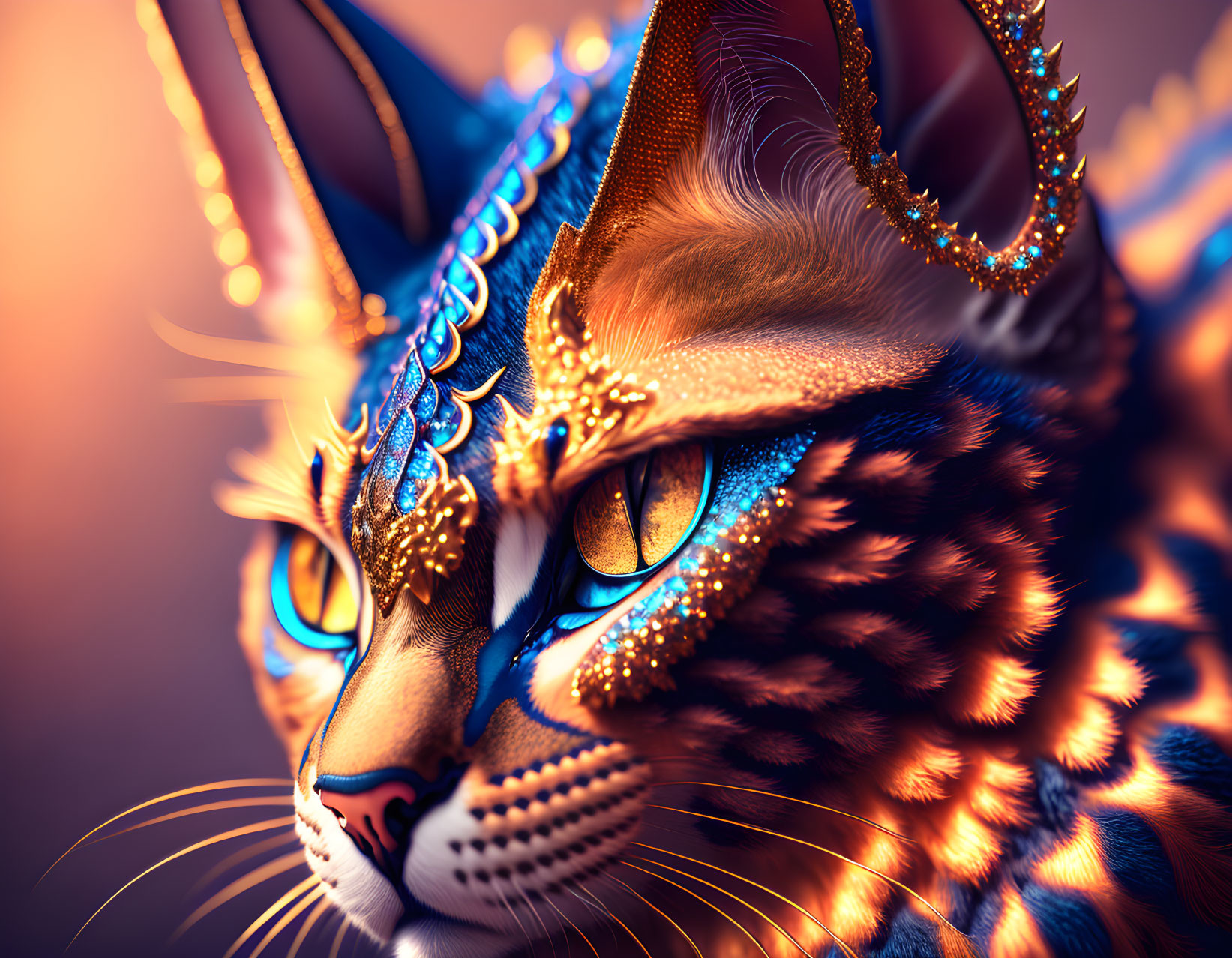Colorful digital artwork: stylized cat with golden adornments, orange and blue fur