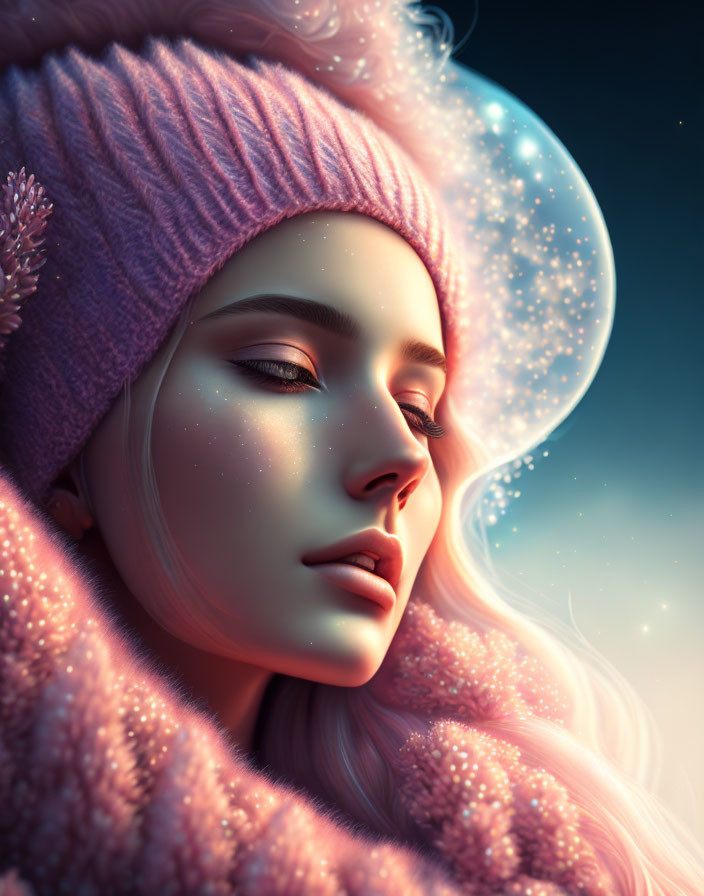Serene woman in pink beanie with glowing snowflake bubble