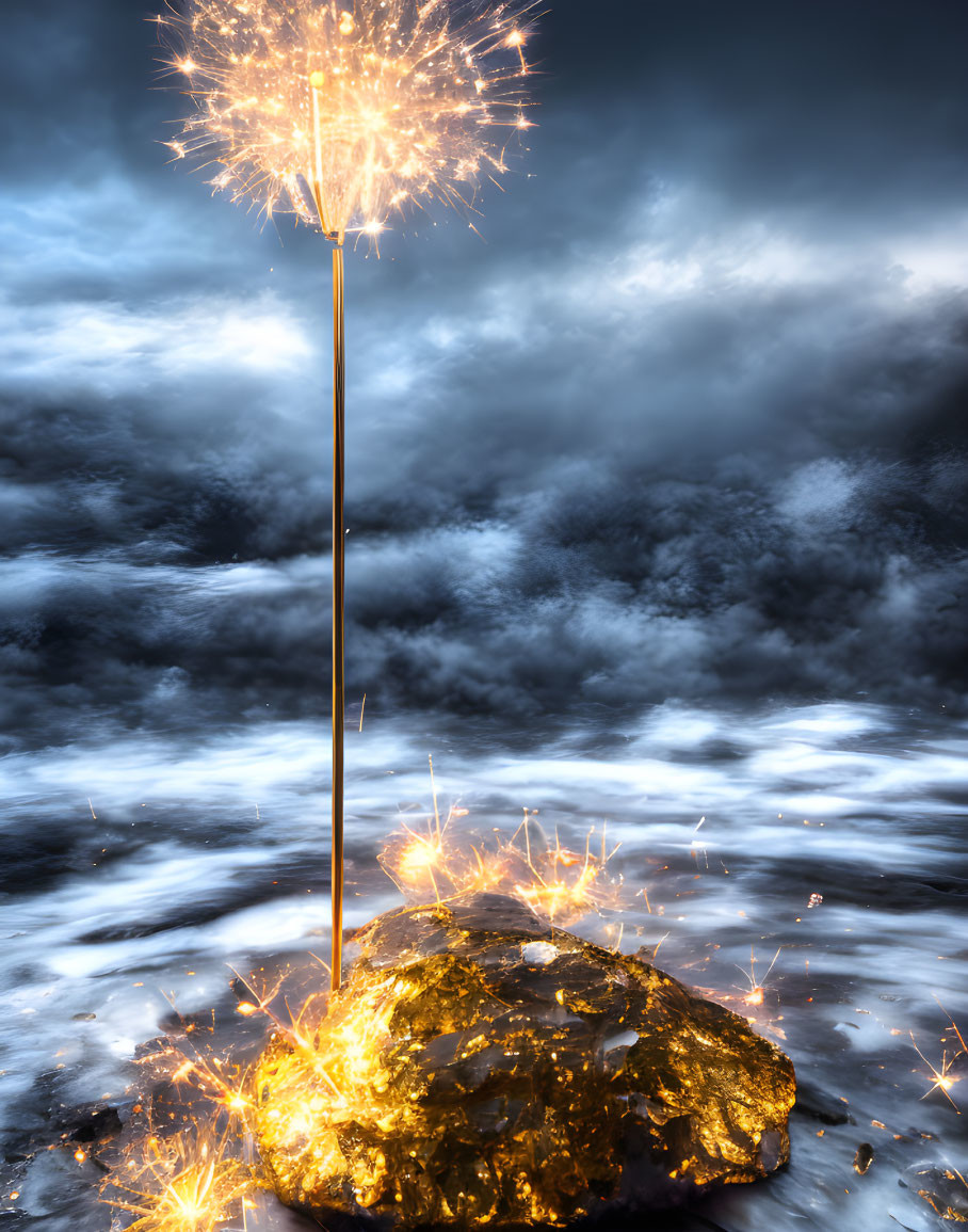 Sparkling sparkler stuck in gold-textured rock among smoky waves