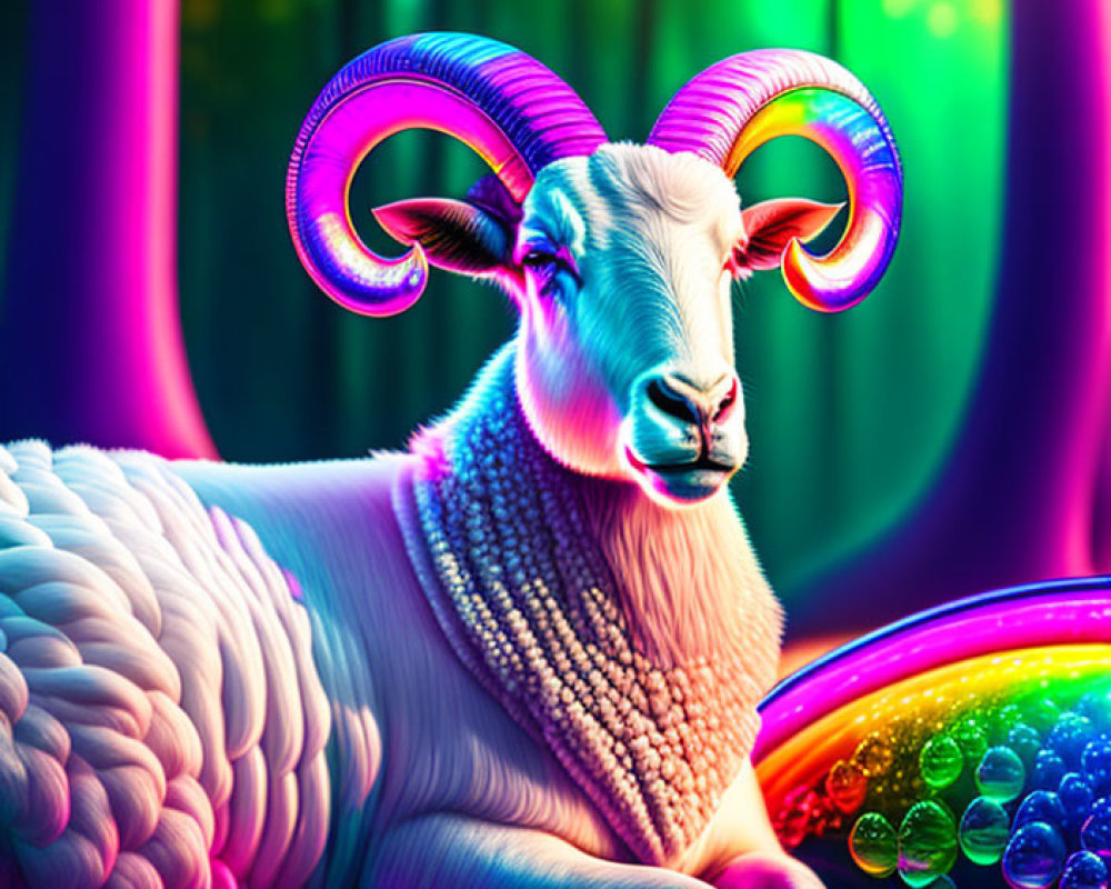 Colorful Ram Illustration with Rainbow Horns and Neon Lights