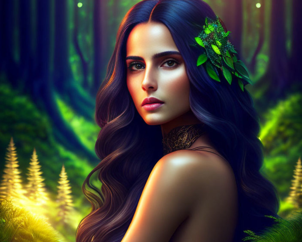 Woman with long hair and green leaves in magical forest with glowing trees.