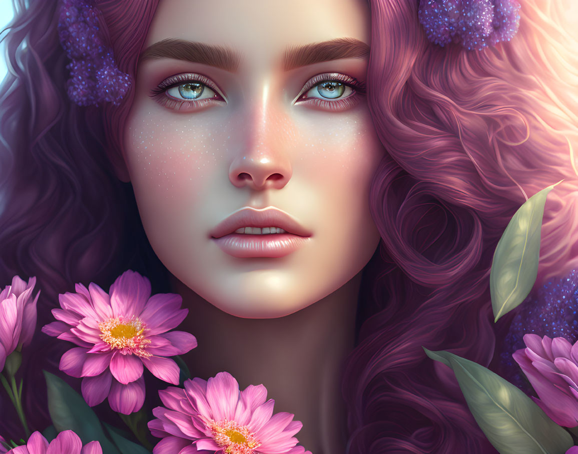 Digital artwork: Woman with curly pink hair, flowers, green eyes & freckles.