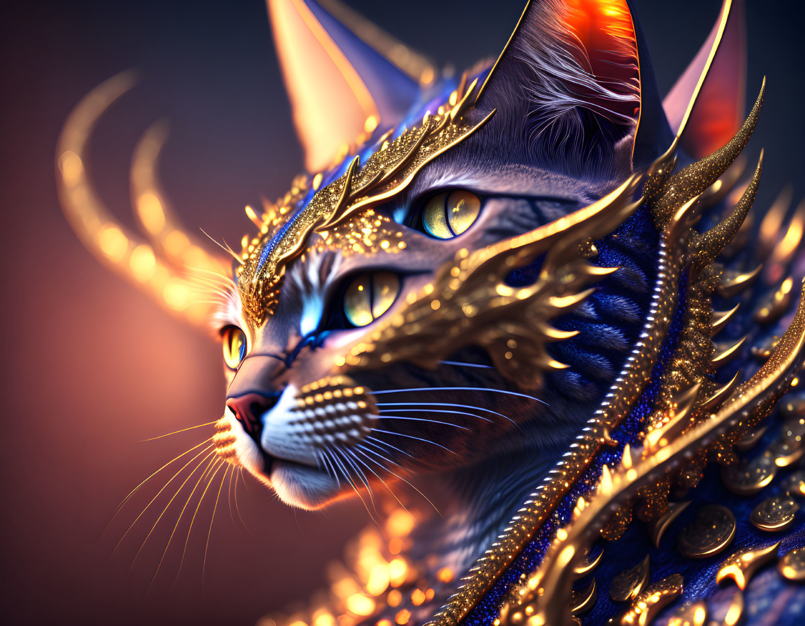 Regal cat with golden armor, crown, glowing blue eyes