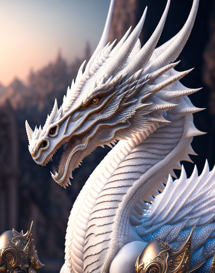 White dragon with horns and armored figure in mountainous setting