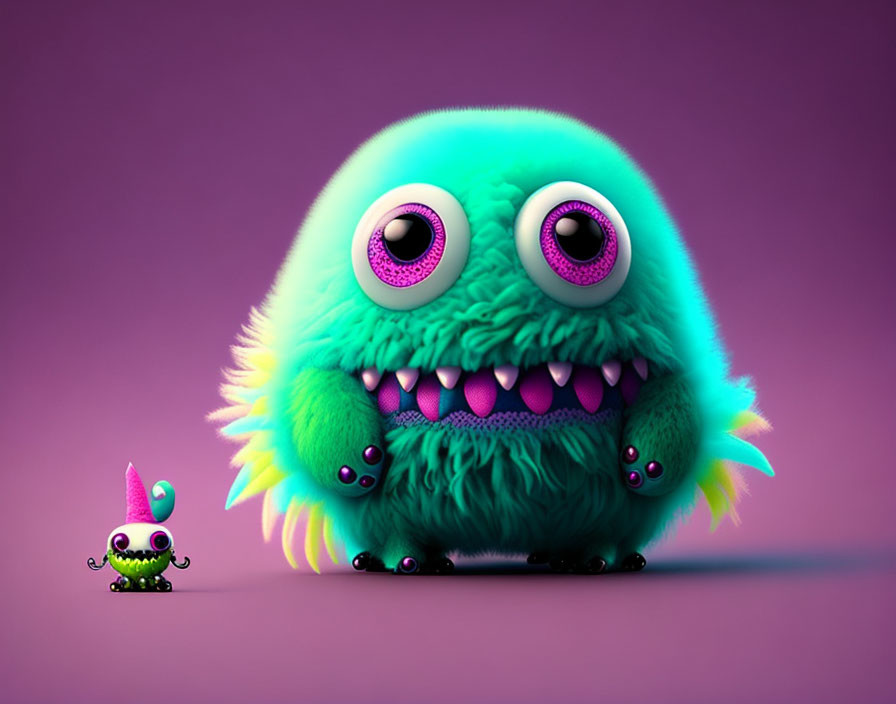 Colorful Small Green and Purple Creature with Fluffy Turquoise Monster on Purple Background