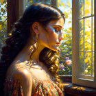 Woman with flowing hair gazes out sunlit window with autumn leaves.