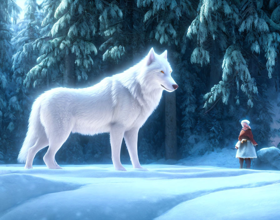 White wolf with girl in red cloak in snowy forest