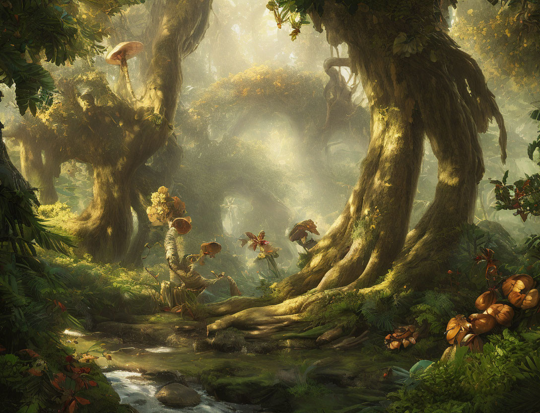 Majestic forest scene with towering trees, oversized mushrooms, stream, and sunlight beams.