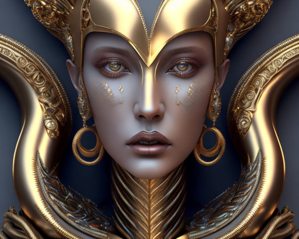 Detailed digital artwork of a person with golden ornate headgear and jewelry, showcasing regal appearance and
