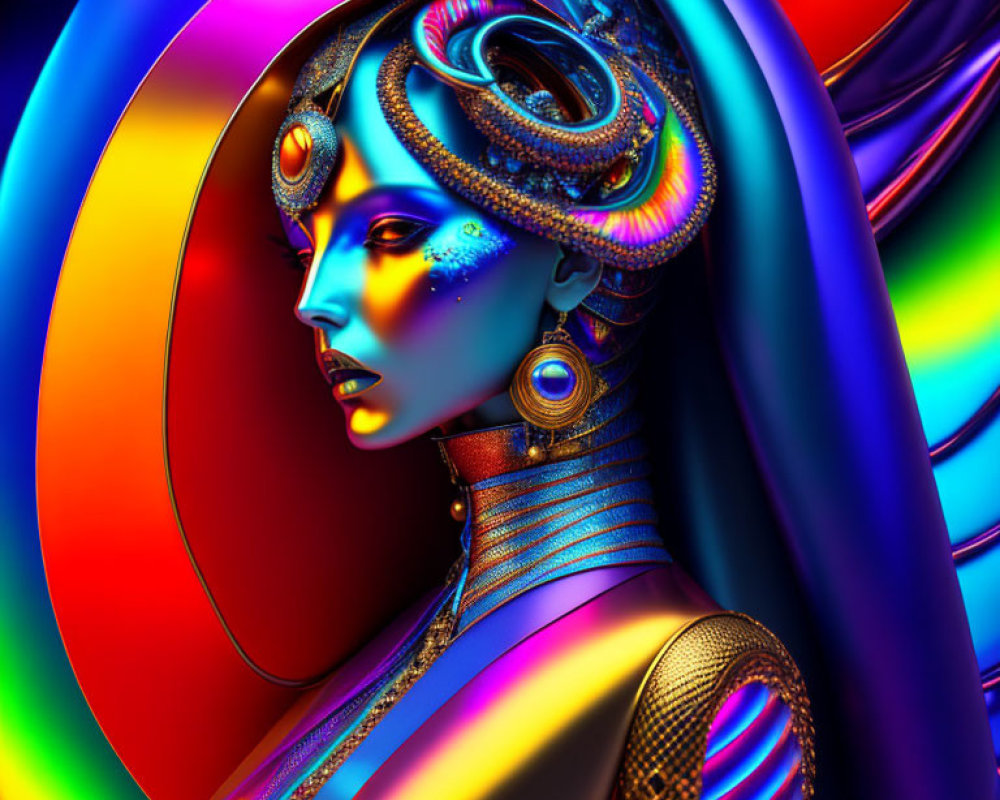 Colorful digital artwork of female figure in elaborate headgear against rainbow backdrop