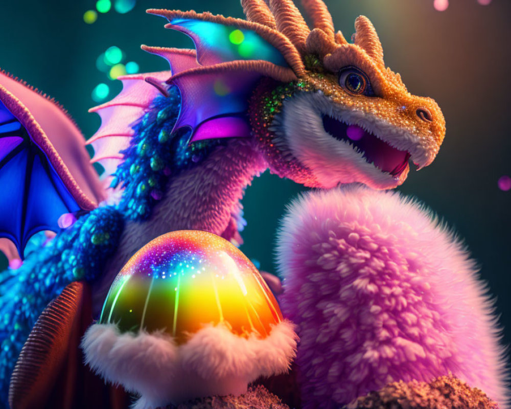 Colorful dragon artwork with sparkling scales and magical orb