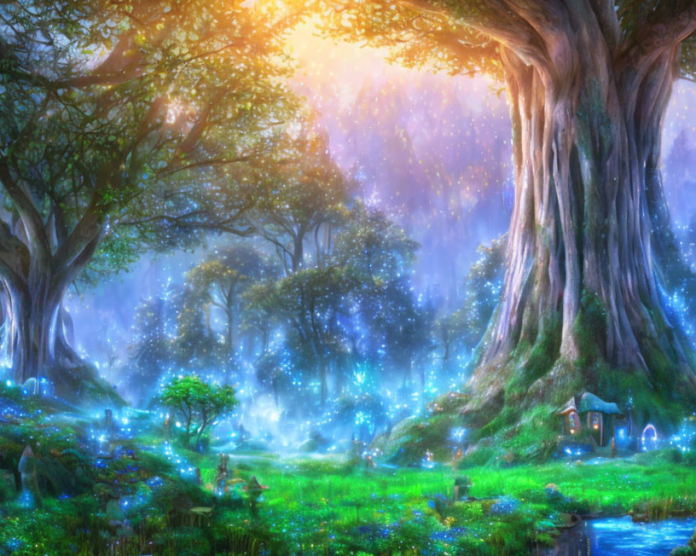 Enchanted forest with vibrant greenery, mystical lights, giant trees, stream, and shrine in