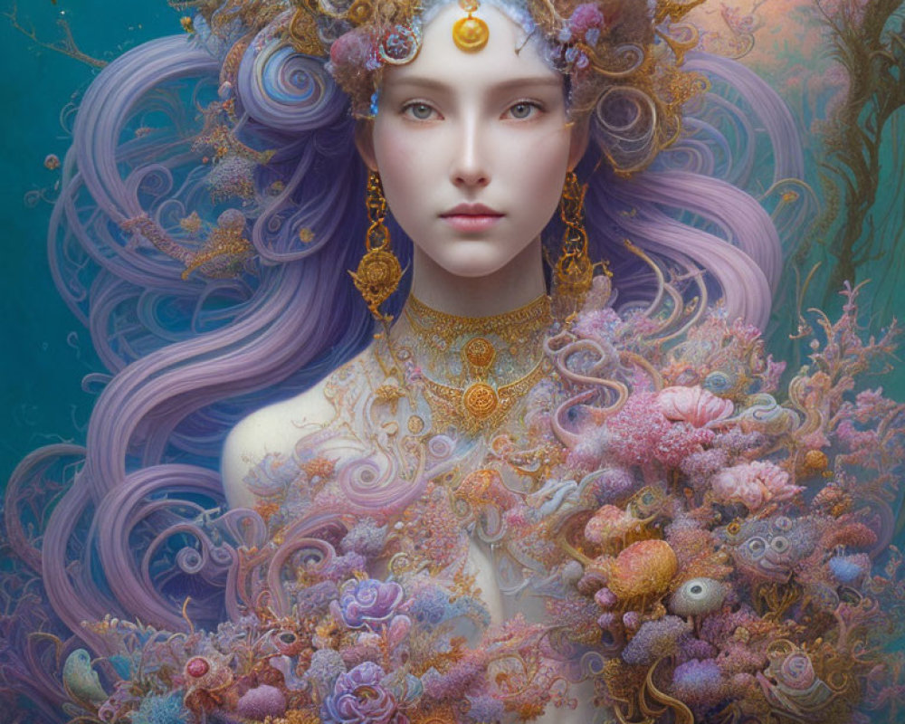 Fantastical portrait of woman with purple hair and gold jewelry in aquatic setting