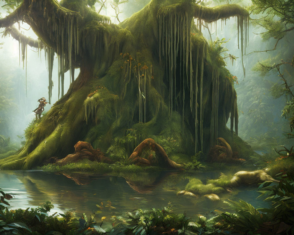 Enchanting forest scene with giant moss-covered tree and serene river