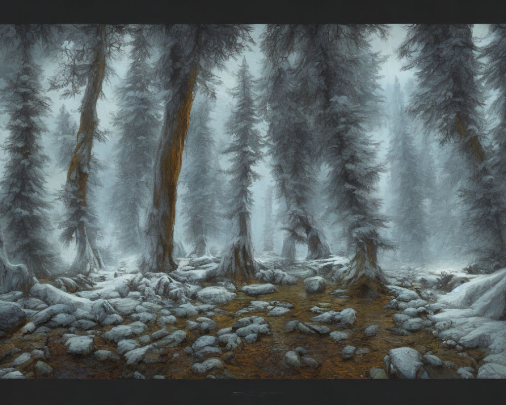 Snow-covered misty forest with tall trees and subdued light.