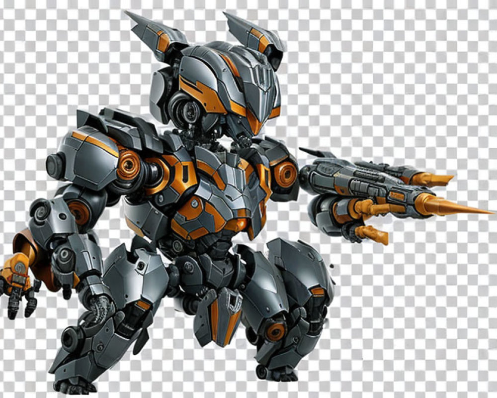 Metallic armored robot with orange highlights holding a large gun