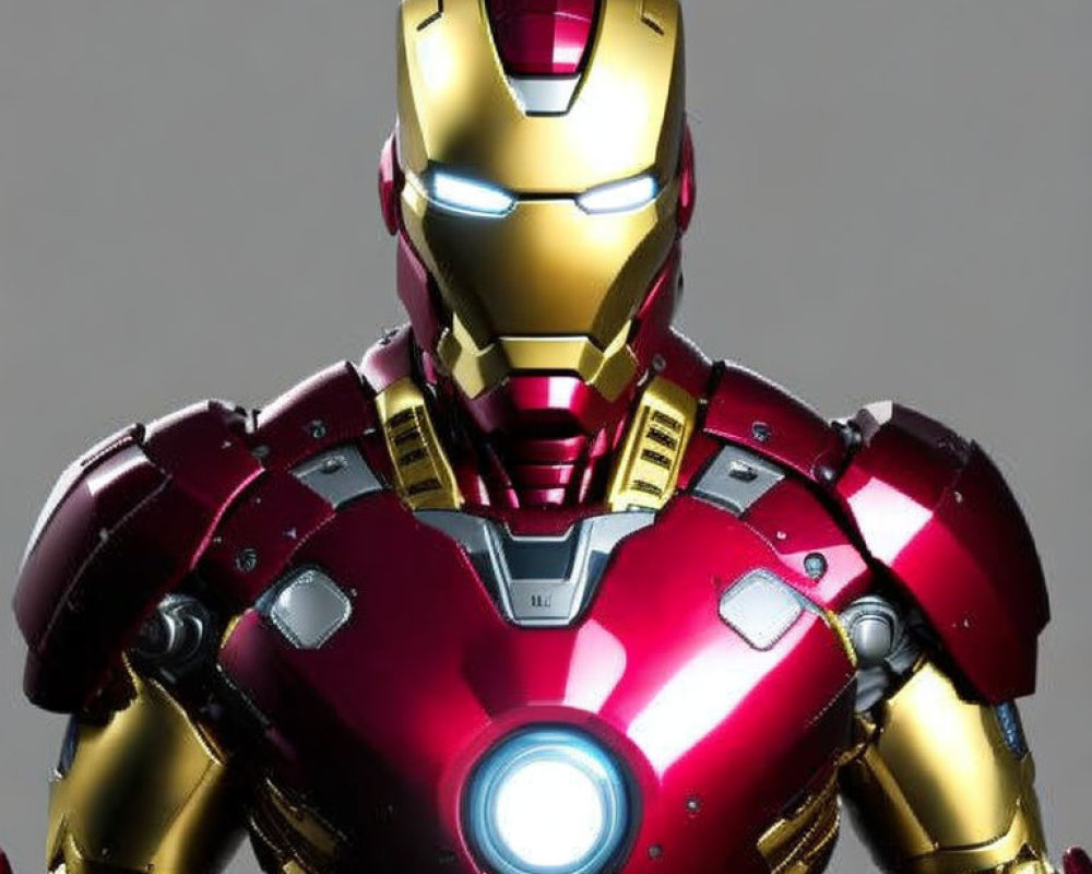 Detailed Iron Man suit in red and gold with glowing blue arc reactor