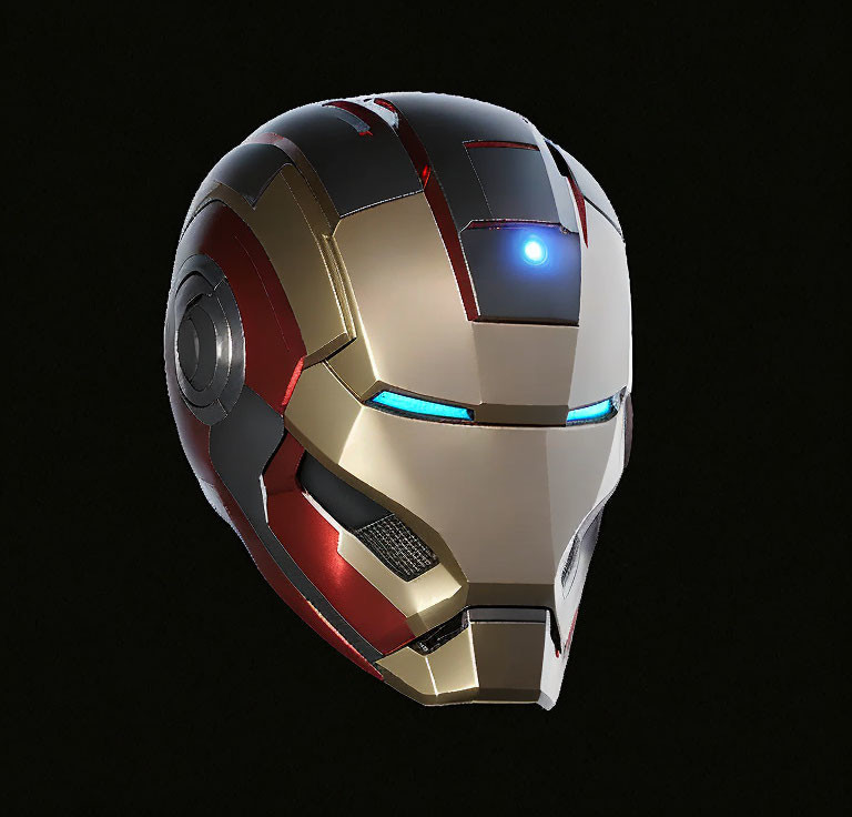 Red and Gold 3D Helmet with Glowing Blue Eyes