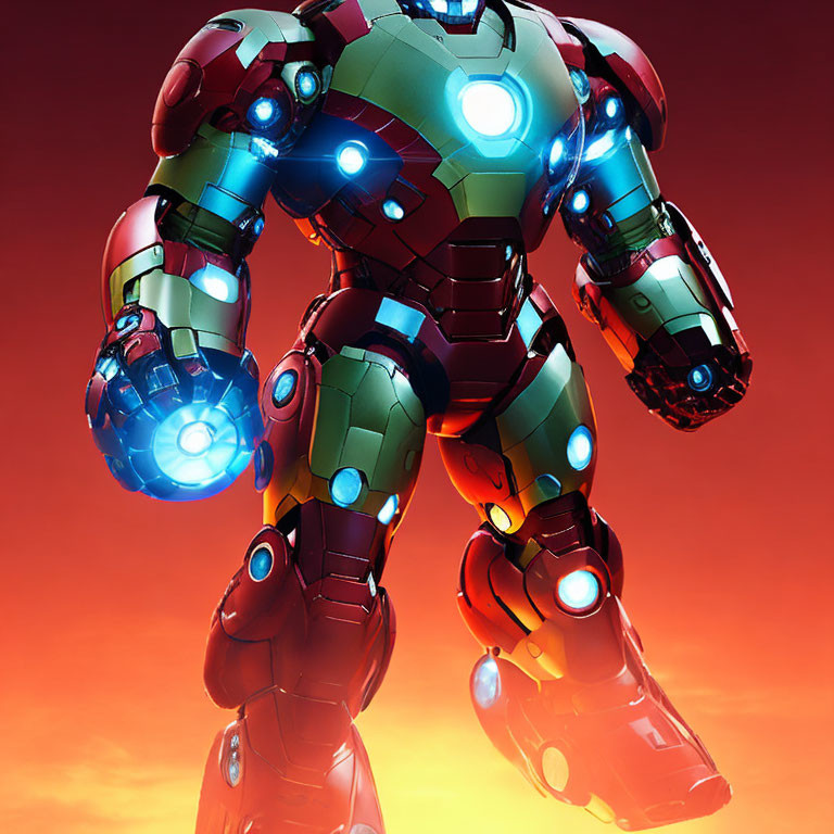 Detailed Close-Up: Red and Gold Armored Robotic Suit with Glowing Blue Arc Reactors