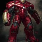 Detailed Iron Man suit model in vibrant red with gold accents