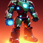 Detailed Close-Up: Red and Gold Armored Robotic Suit with Glowing Blue Arc Reactors