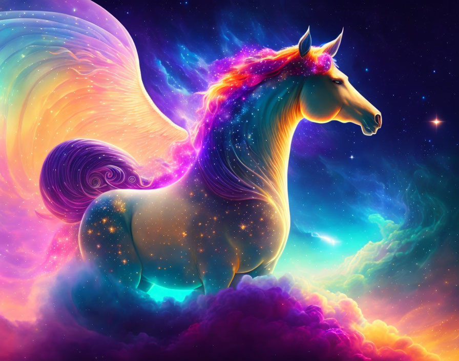 Majestic winged unicorn in celestial-themed illustration