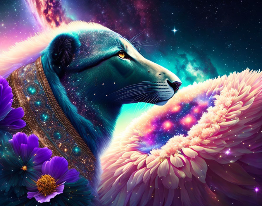 Colorful Cosmic Blue Lion with Neon Flowers on Starry Space Background