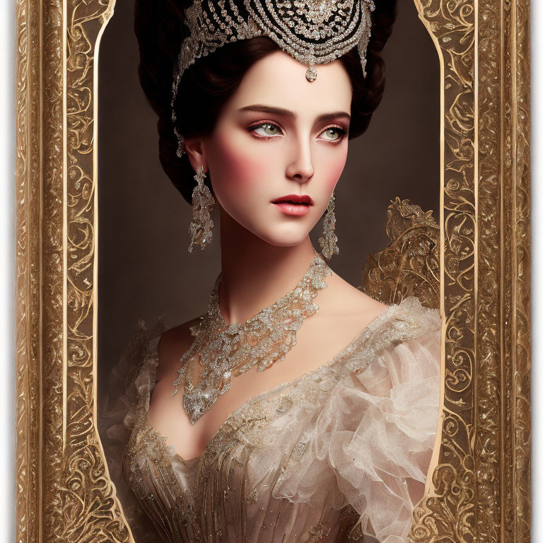 Vintage Portrait of Woman in Elegant Attire and Jewelry