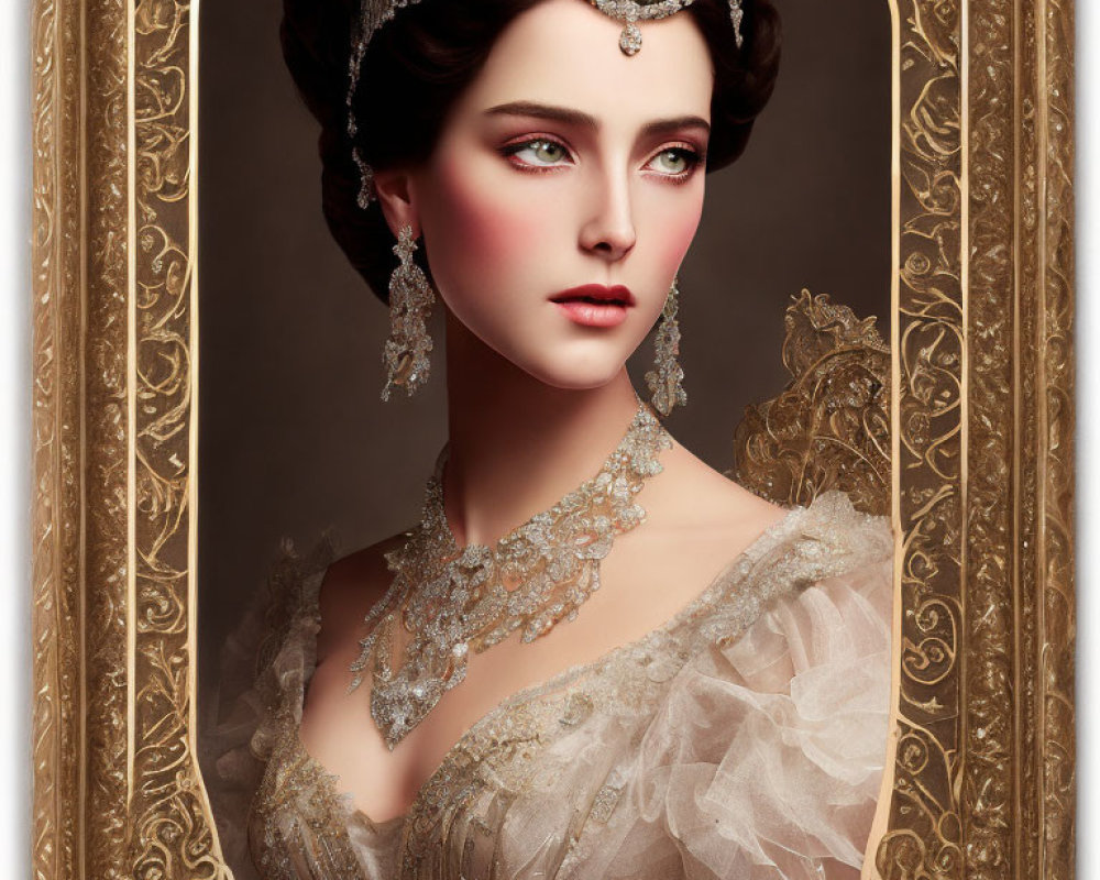 Vintage Portrait of Woman in Elegant Attire and Jewelry