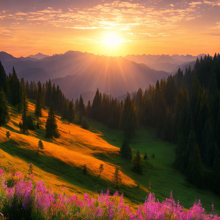 Mountain sunrise with sunlight, clouds, meadow, and wildflowers