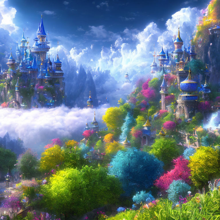 Colorful fantasy landscape with castles, flora, clouds, and mountains under blue sky