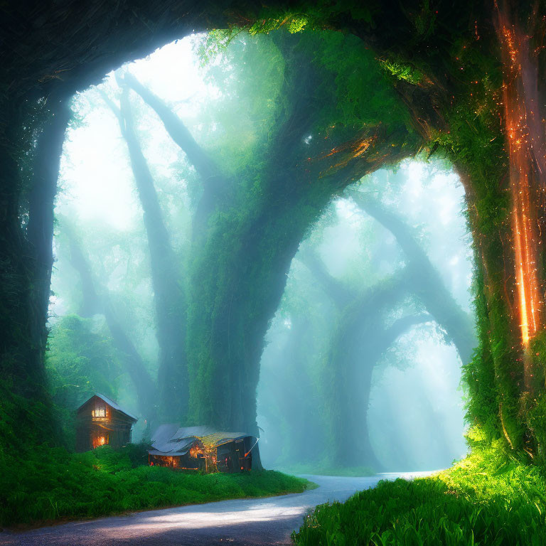 Tranquil Forest Path with Sunlight and Small House