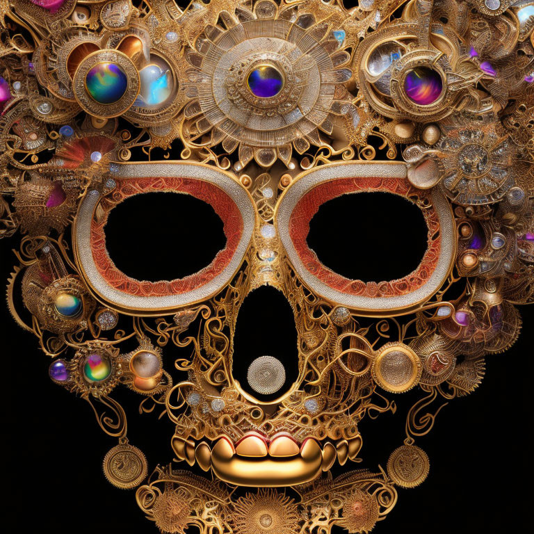 Golden mask with gems and filigree on black background