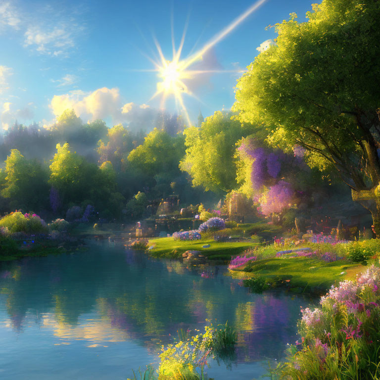 Tranquil landscape with river, trees, flowers, and sunburst