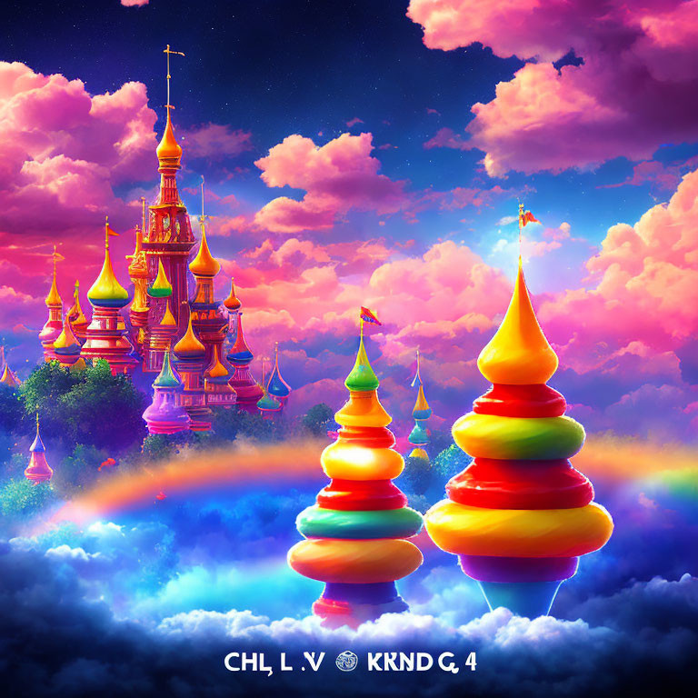 Colorful surreal artwork: Whimsical spires above pastel sunset sky