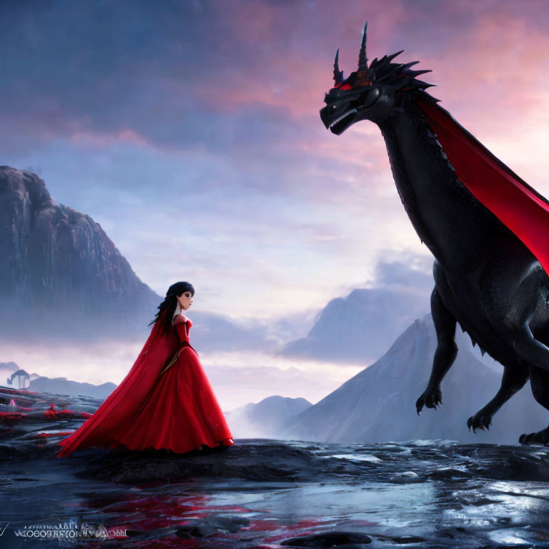 Woman in red cloak faces black dragon under dramatic sky at lakeshore