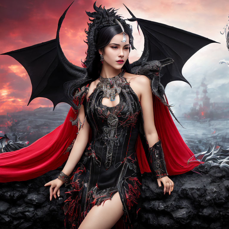 Fantasy-themed image: Woman in black and red costume with dragon-like wings in volcanic landscape