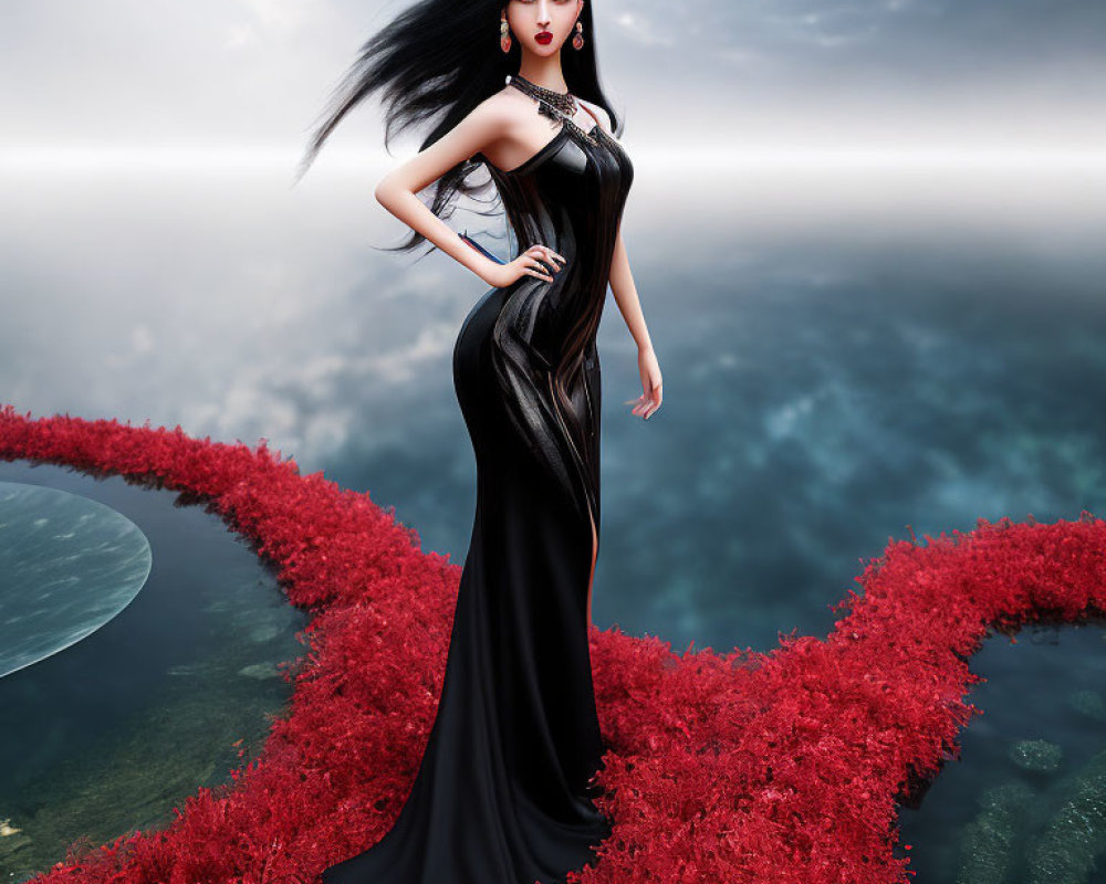 Digital artwork: Woman with flowing black hair in sleek black dress on red floral walkway above clouds