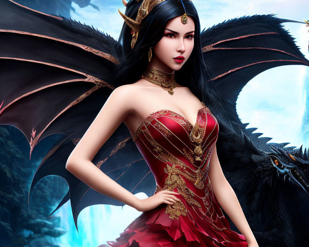 Digital artwork of woman with crown, red & gold outfit, facing dragon with open wings in mythical scene